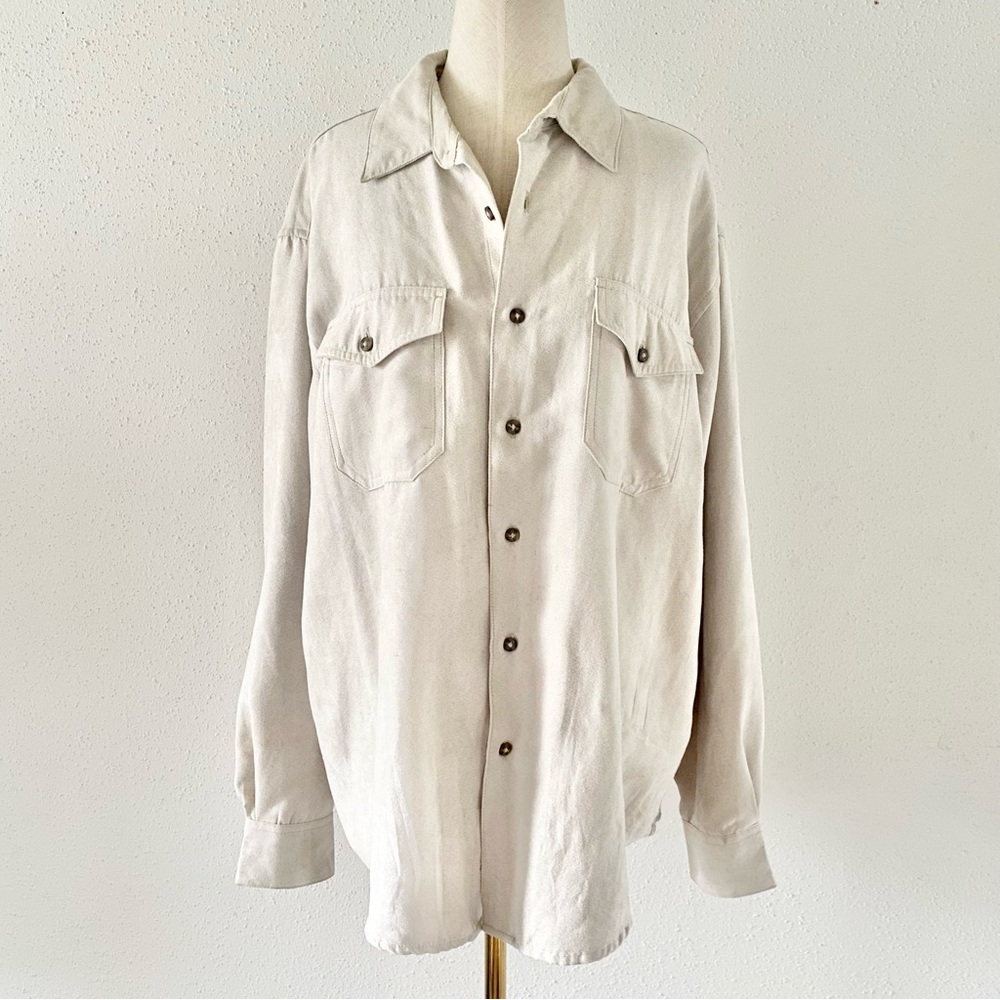 BASIC EDITIONS Men's Size Large Beige Suede-Like Long Sleeve Button Down Shirt